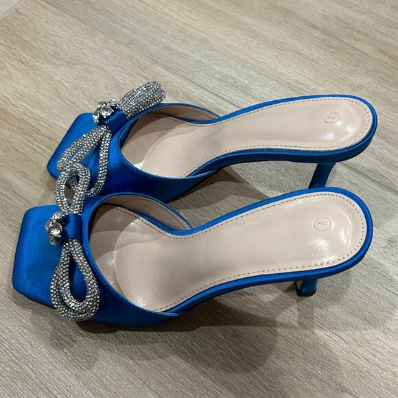 Embellish Rhinestone Bow Blue High Heel Sandals - Picture 3 of 5